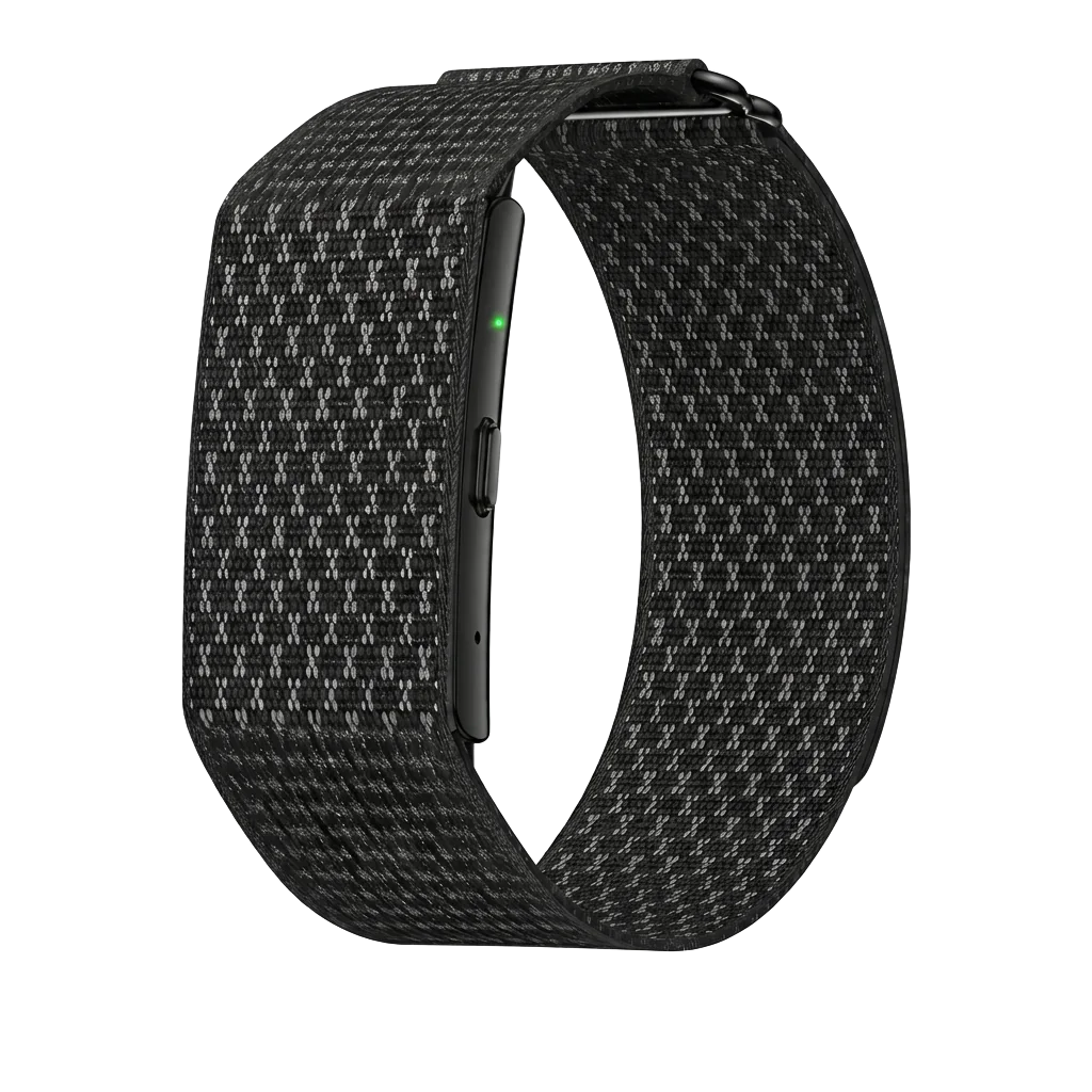 The OVOA Band, a black woven AI wristband with sensor light and side button